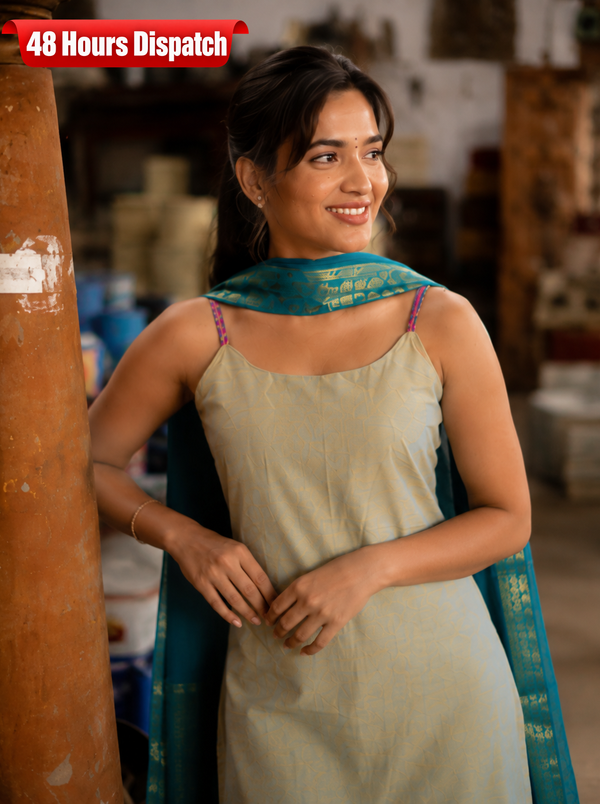Poonguzhali Grey Sleeveless Chettinad Cotton Kurti Set ( Set of 2 )