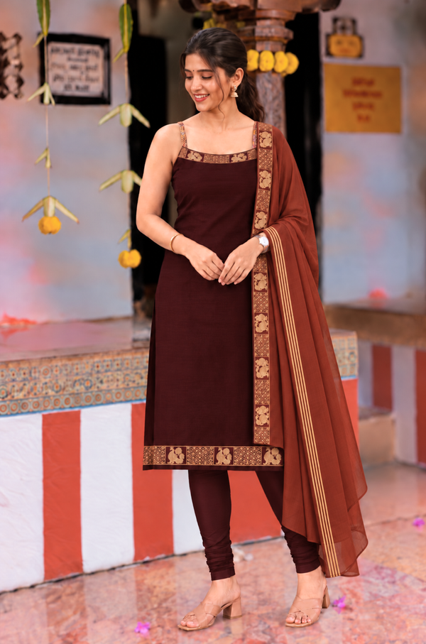 Riddhi Coffee Brown Chettinad Cotton Kurti Set (Set of 2)