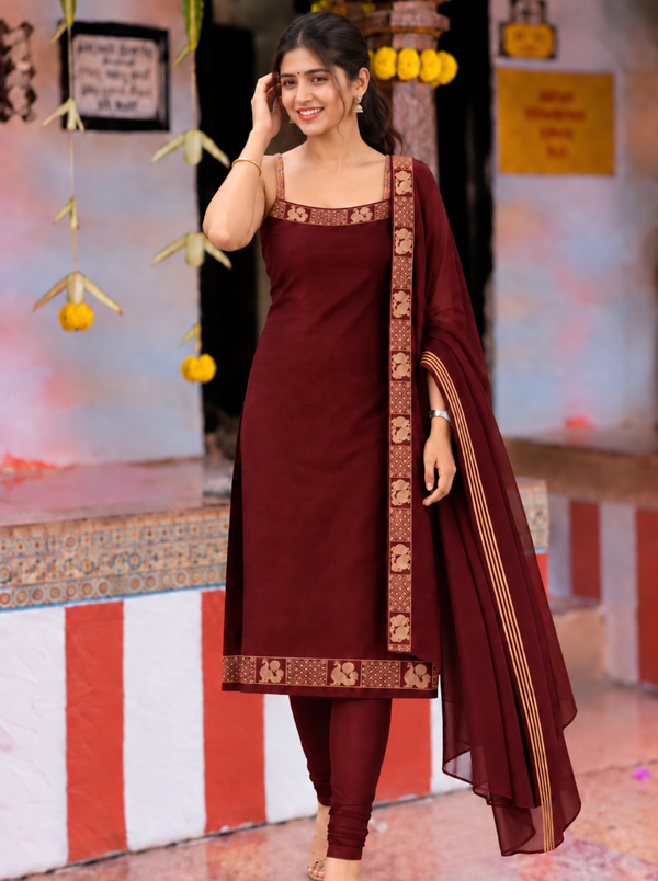 Riddhi Maroon Sleeveless Chettinad Cotton Kurti Set ( Set of 2 )