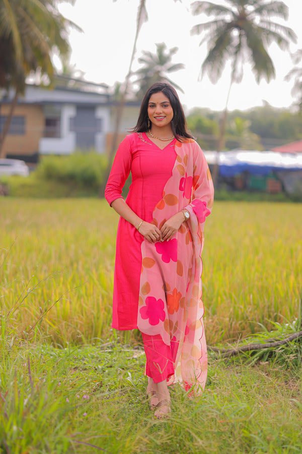 Rose Meadow Embroidered Chanderi A-Line Kurta Set With Dupatta (PR)