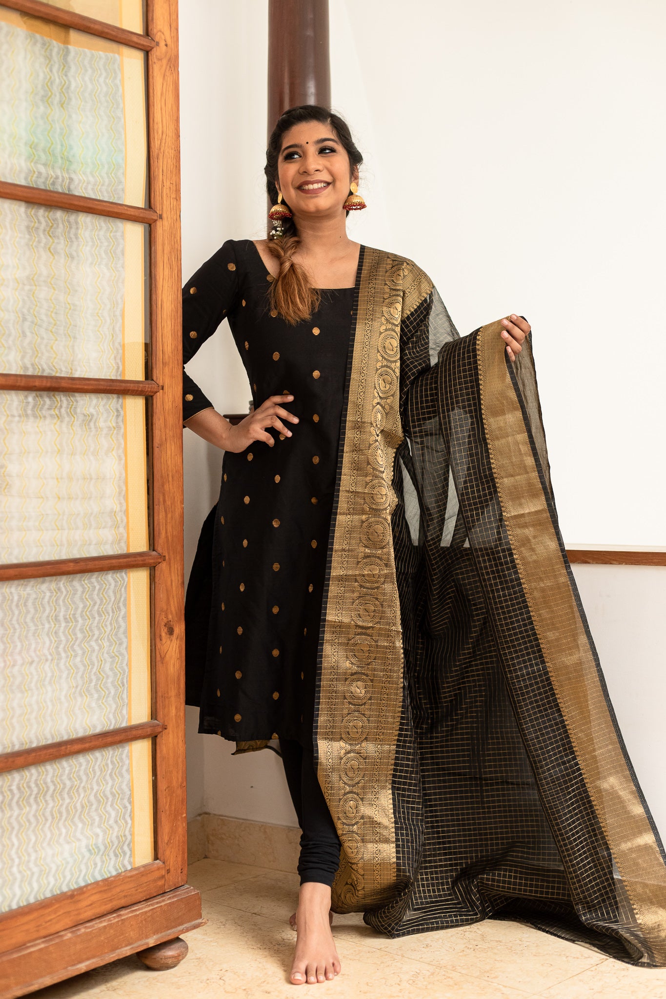 Black Solid Color With Gota Embellished Pure Cotton Kurti Dupatta Skirt Set  For Women - Lashkarina - 3466676