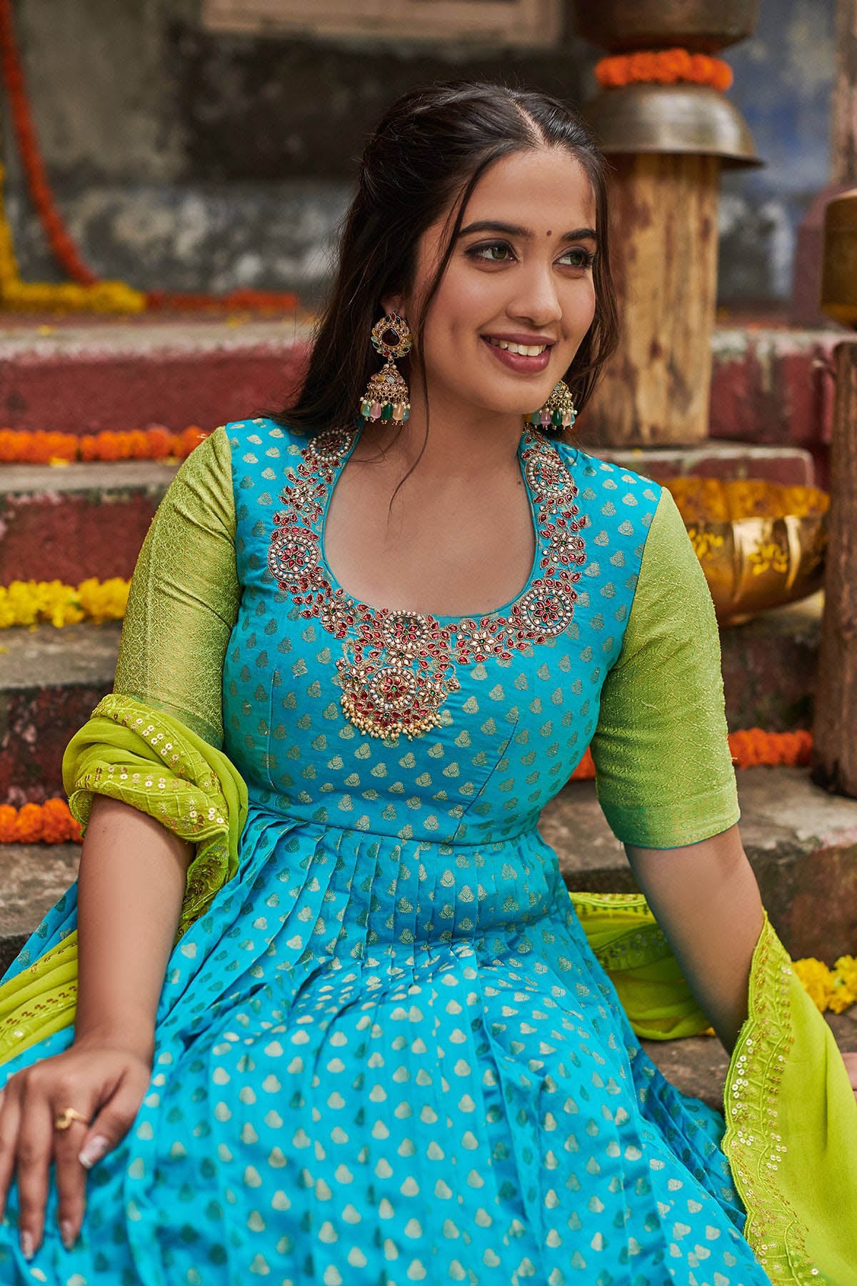 Blue and Green Banarasi Dress ( FW )