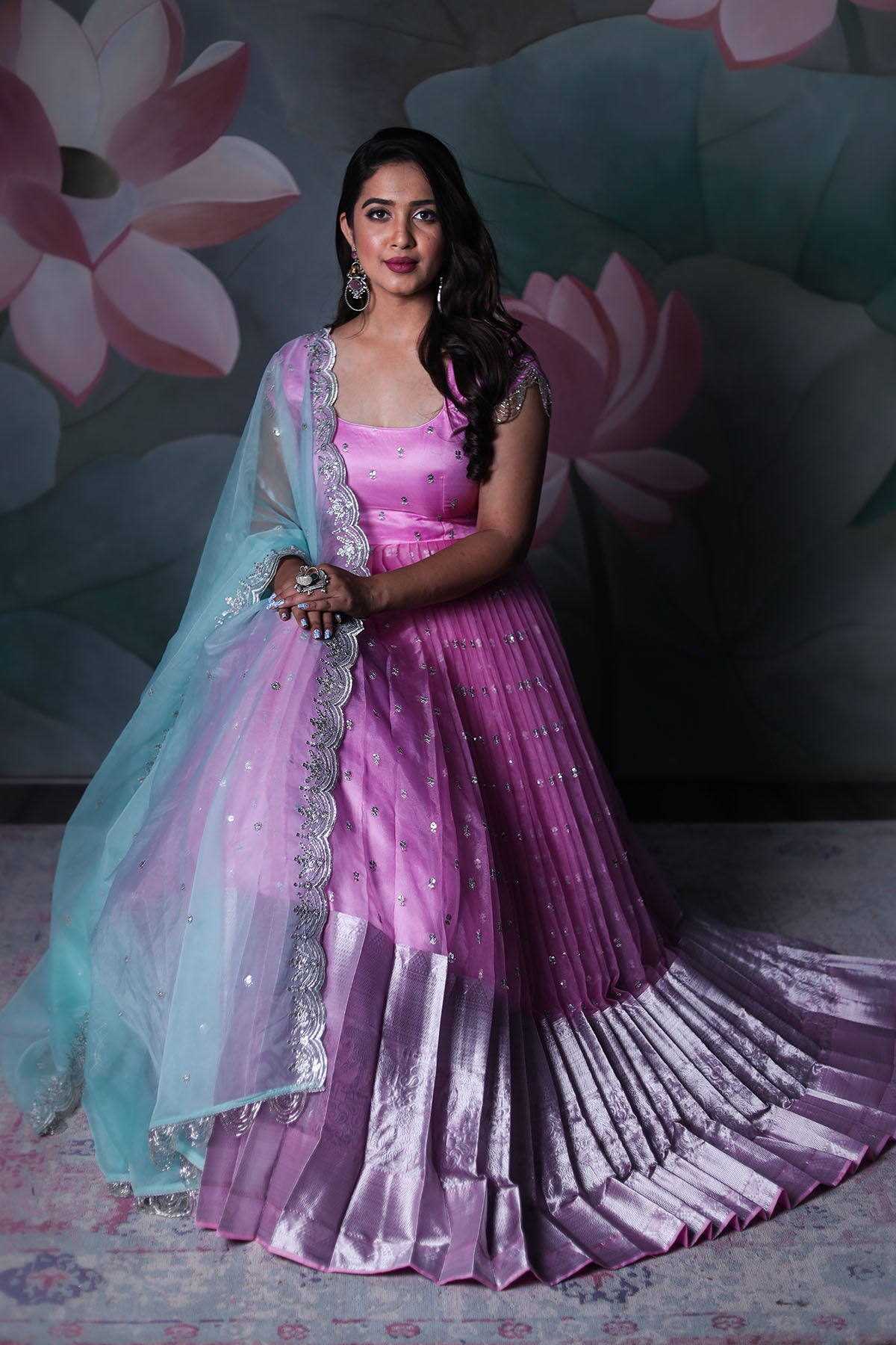 Pink with blue Organza Anarkali Dress