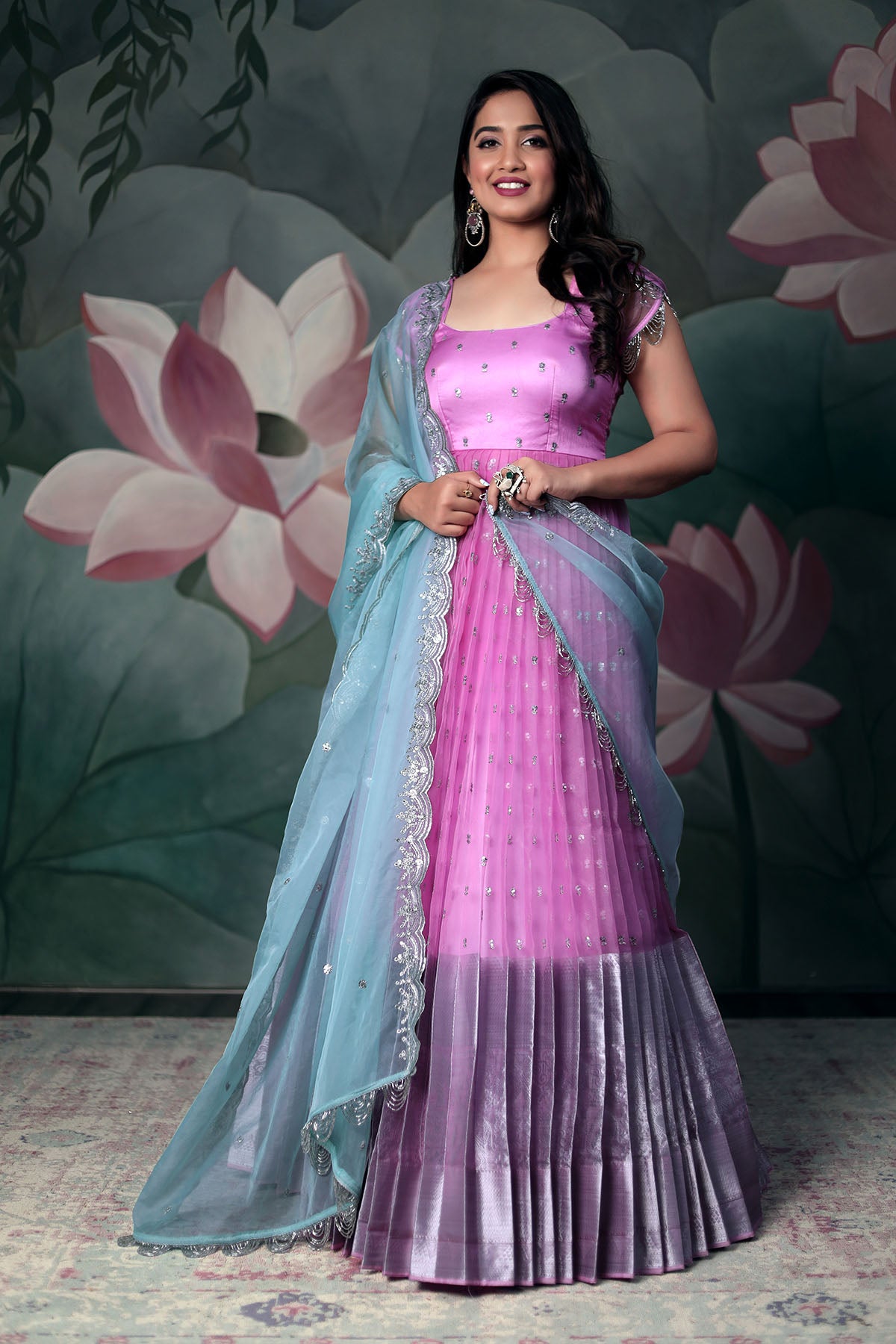 Pink with blue Organza Anarkali Dress ( FW )