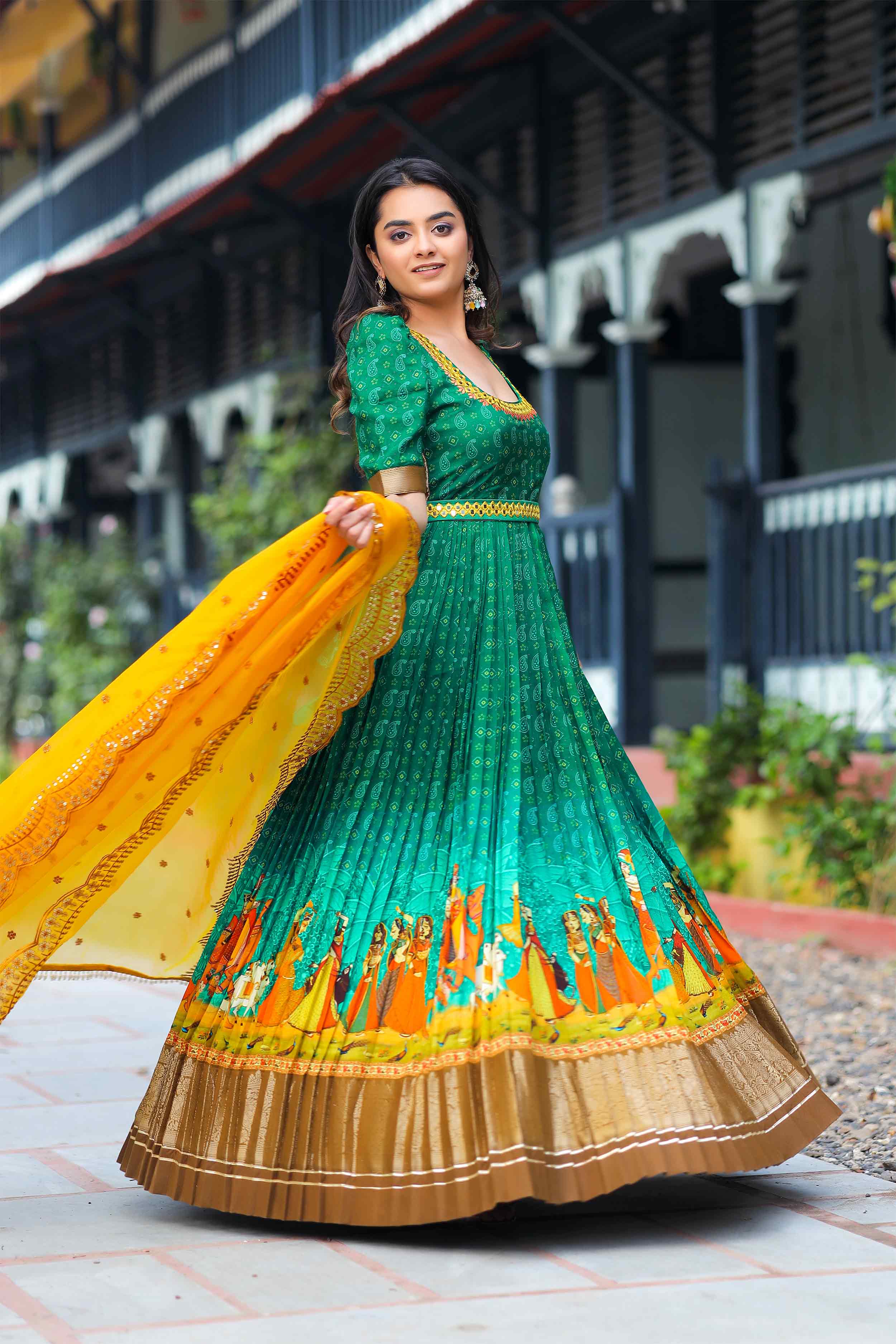 Green & Yellow Digital Print Banarasi Silk Dress