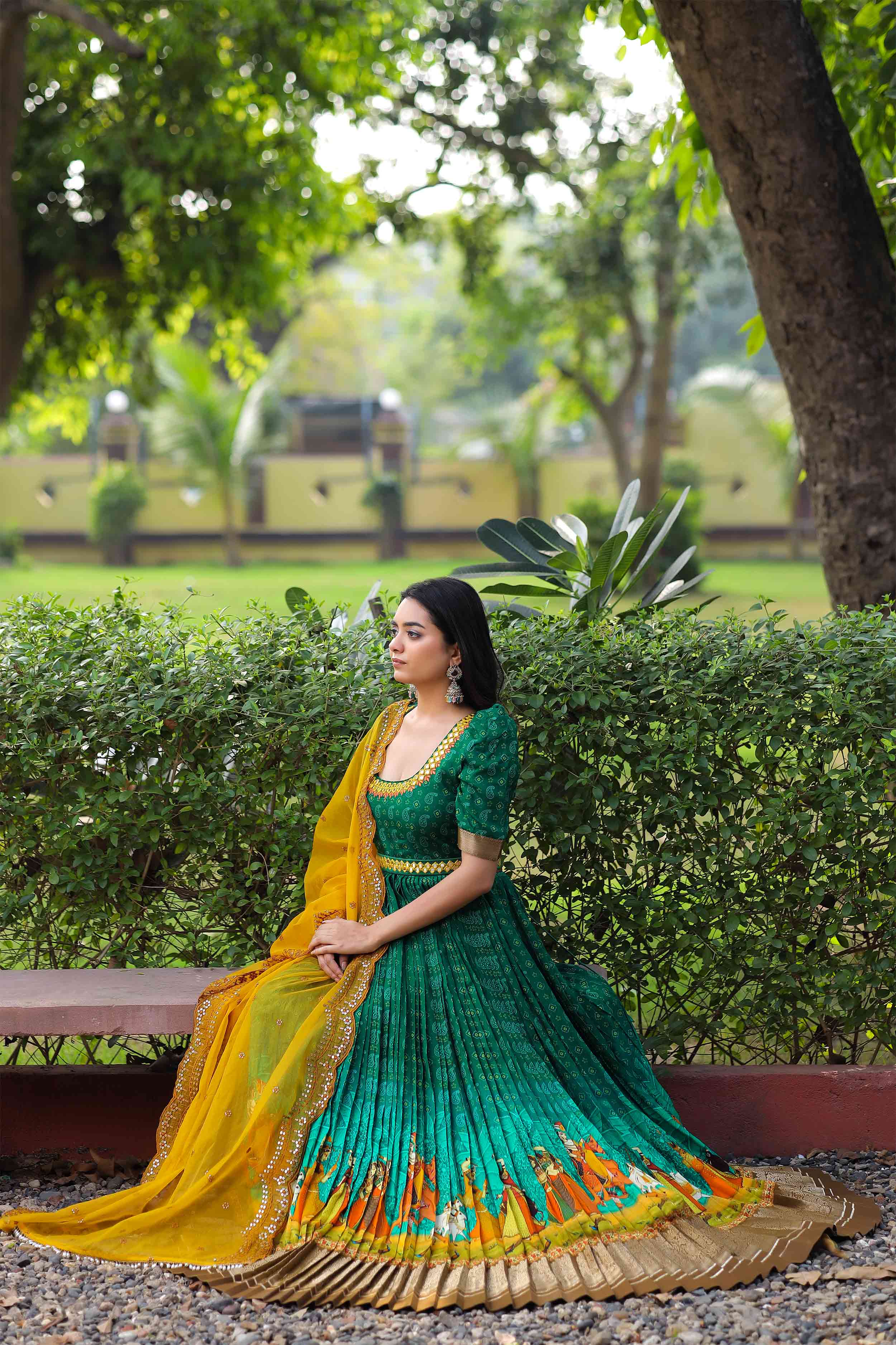 Green & Yellow Digital Print Banarasi Silk Dress