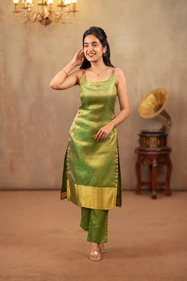 Tanisha Green Banarasi Tissue Spaghetti Kurti (Top Only)
