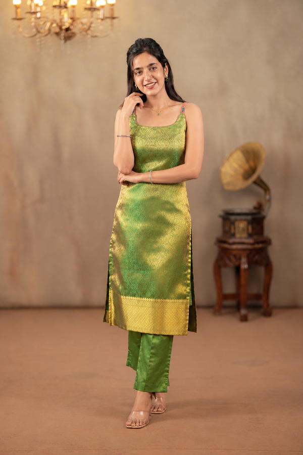 Tanisha Green Banarasi Tissue Spaghetti Kurti (Top Only)