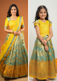Akhila Yellow & Aqua Blue Mom & Me Set