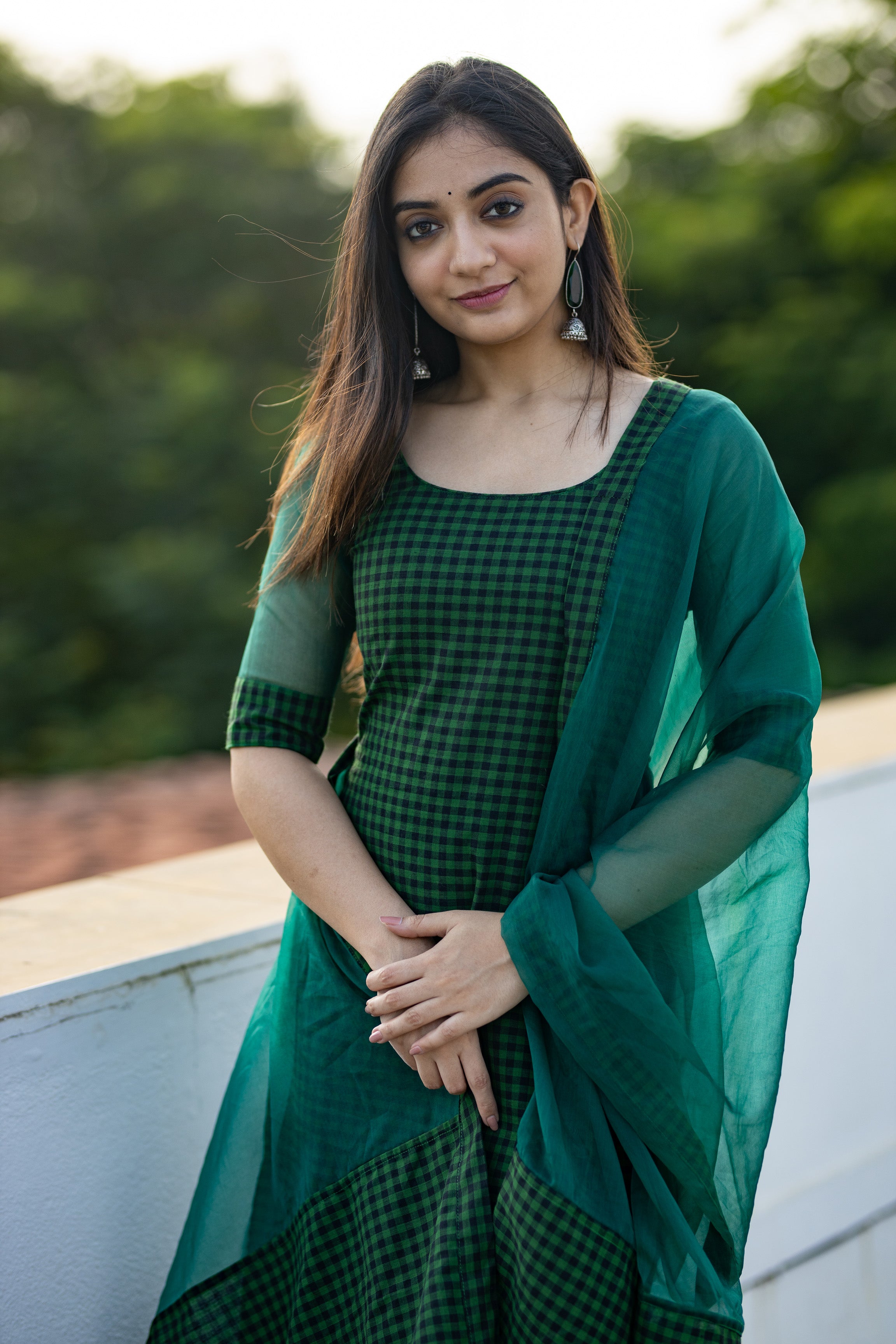 Indian Green Cotton Kurti with Organza Sleeves for Women