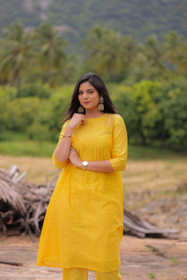 Golden Yellow Embroidered A-Line Kurta Set (PR)