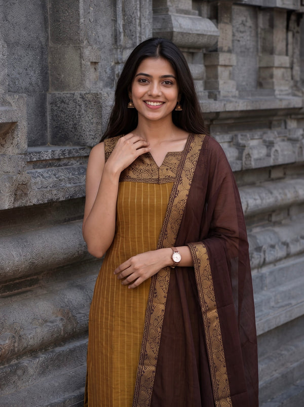 Vedika Mustard Chettinad Cotton Kurti Set ( Set of 2)