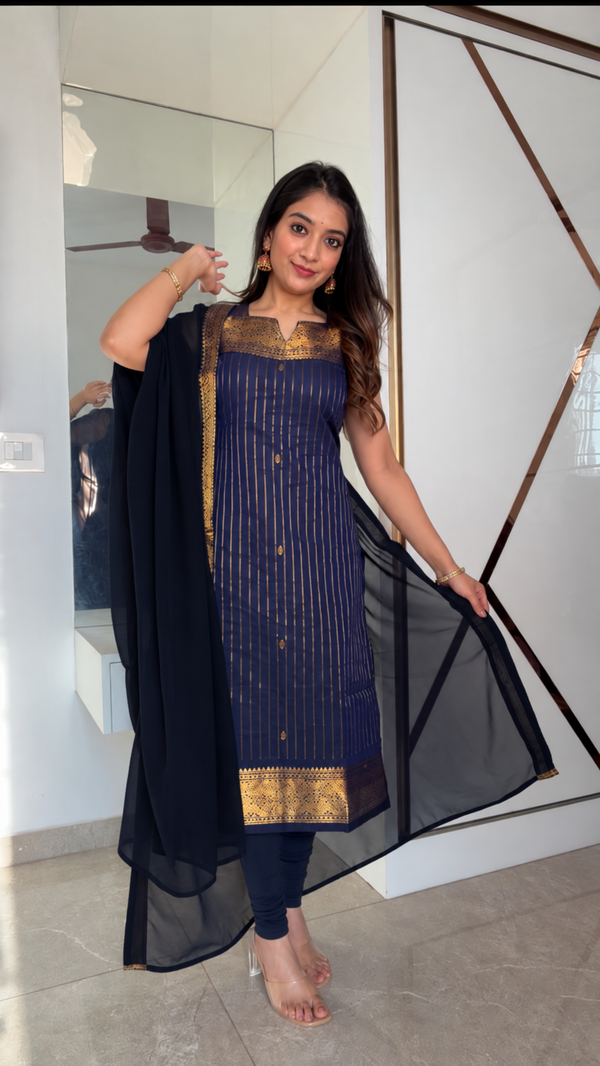 Vedika Navy Chettinad Cotton Kurti Set (Set of 2)