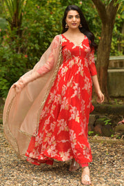 Red Pure Georgette Jaqcard Dress( FW )