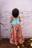 Buy cute designer baby girl clothes like this stylish kalamkari print skirt and silk top set in blue and peach. Newborn to 12 months.