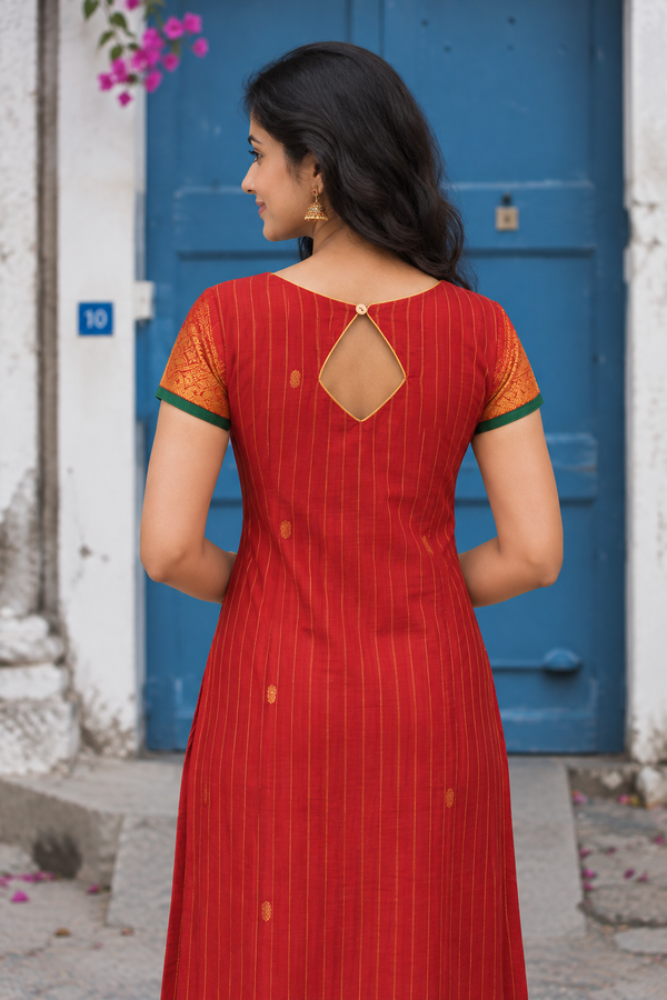 Vrindha Red Stripes Chettinad Cotton Kurti Set ( Set of 2 )
