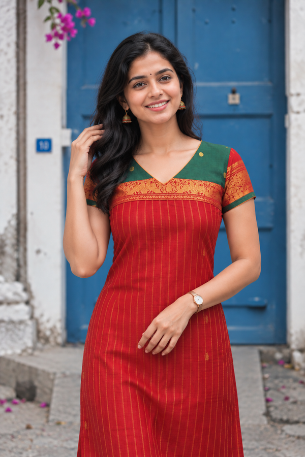 Vrindha Red Stripes Chettinad Cotton Kurti Set ( Set of 2 )
