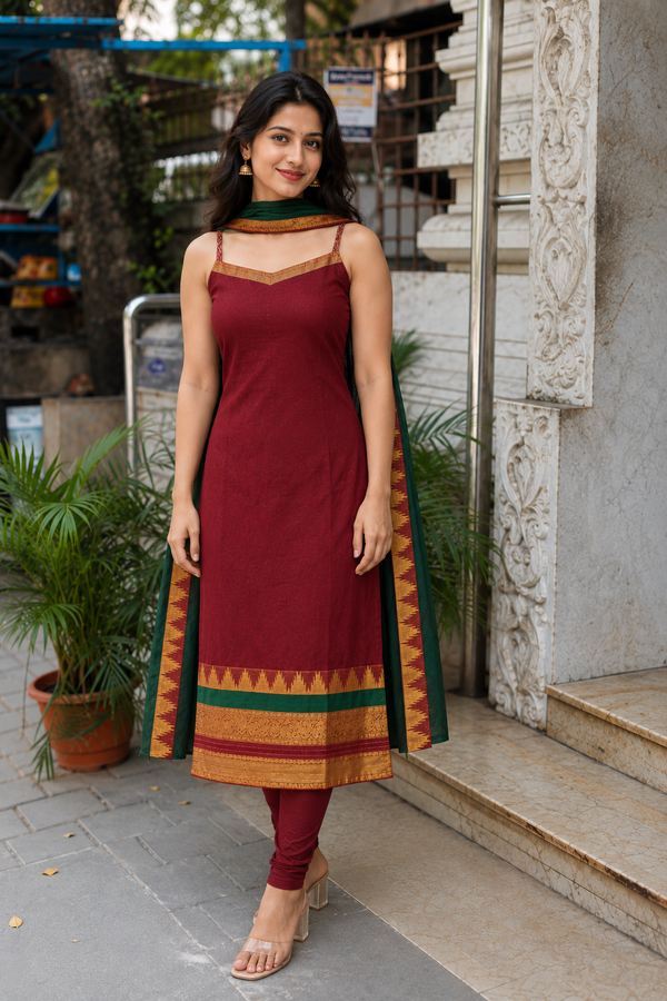Charvi Maroon Narayanpet Kurti Set (Set of 2)