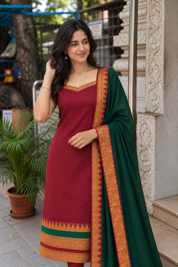 Charvi Maroon Narayanpet Kurti Set (Set of 2)
