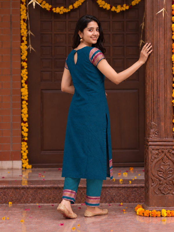 Geetanjali Teal Narayanpet Cotton Kurti Set (Set of 2)