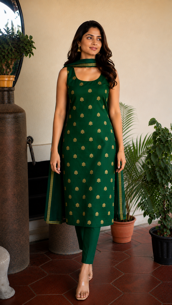 Shravya Green Soft Brocade Silk Kurti Set (Set of 3)