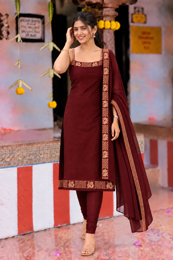 Riddhi Maroon Sleeveless Chettinad Cotton Kurti Set ( Set of 2 )