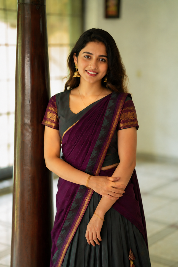 Madhuri Peacock Green Chettinad Cotton Halfsaree (Set of 3 )