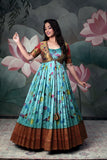 Blue Floral Anarkalli Dress with Paithini Jacket