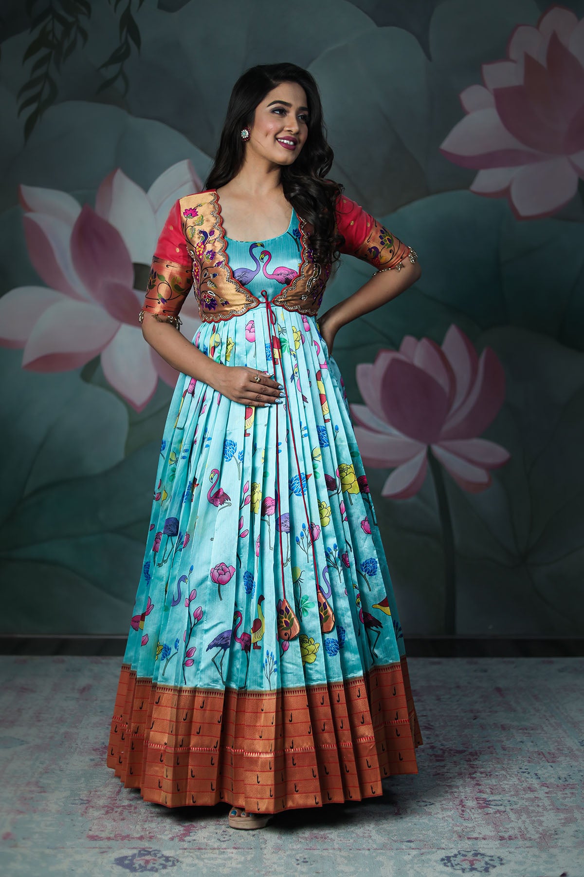 Blue Floral Anarkalli Dress with Paithini Jacket (FW)