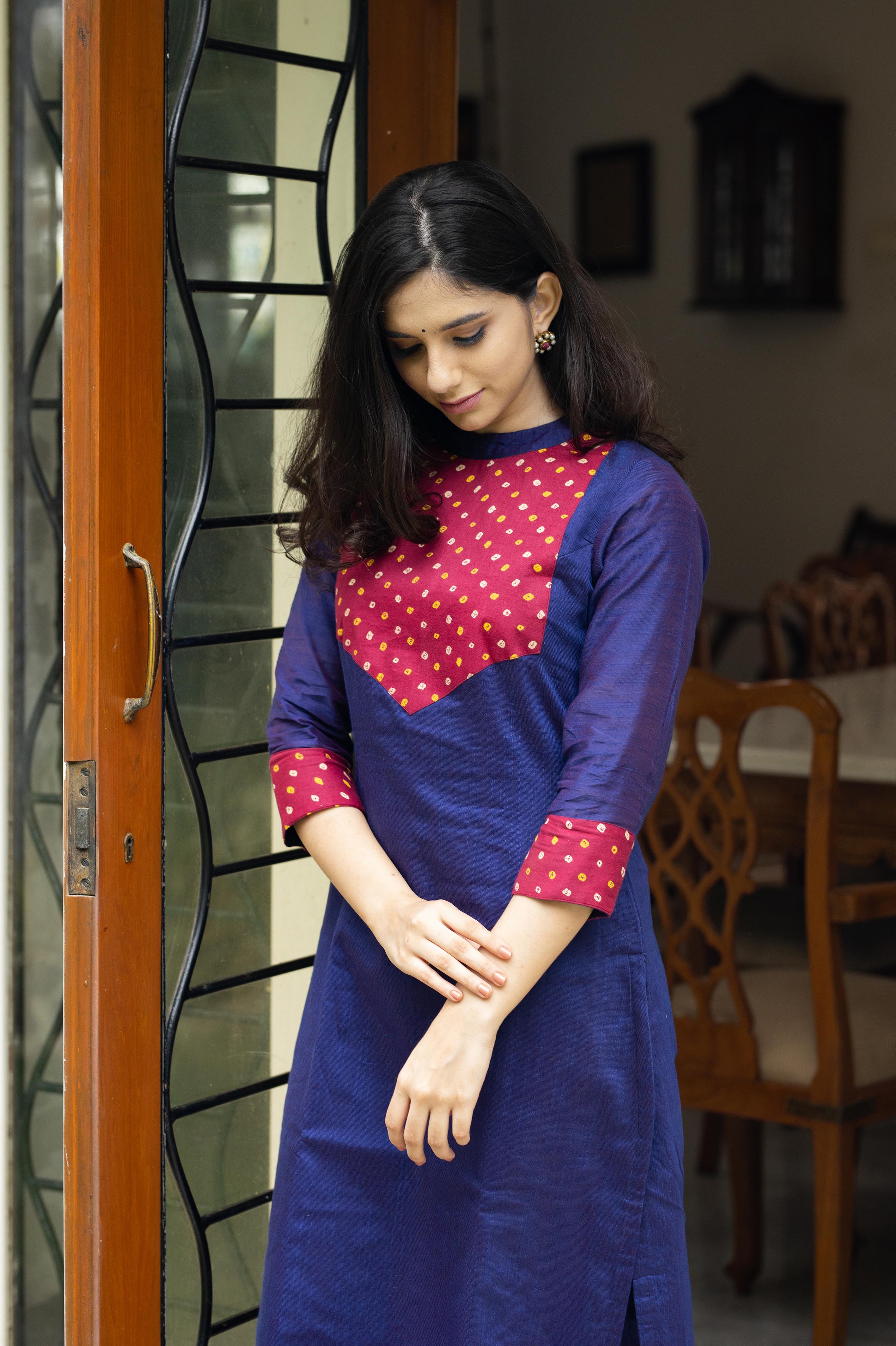 Purple hand-embroidered bandhani cotton peplum top with pants - set of 2 |  Priya Chaudhary