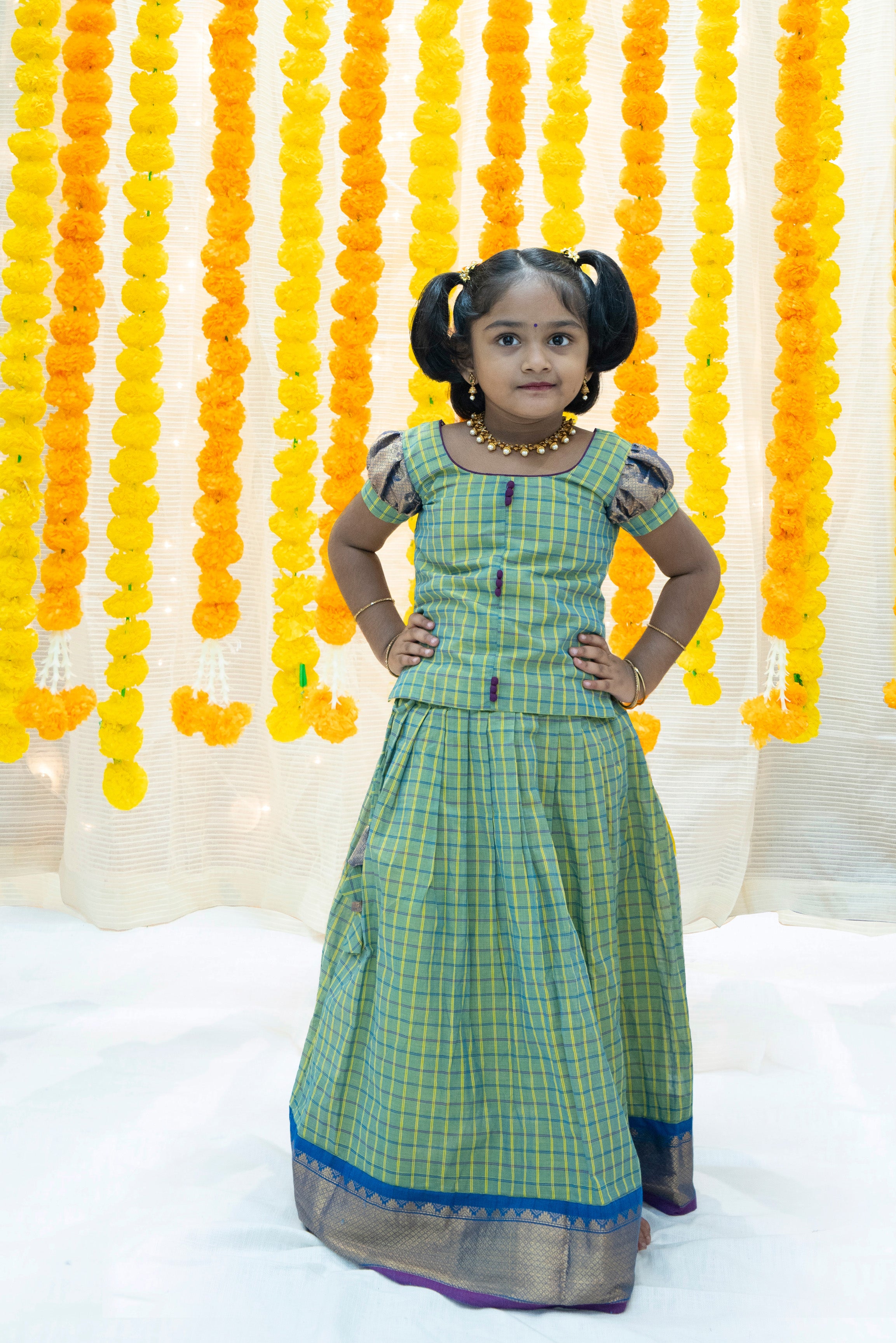 Buy Designer Green Pattu Pavadai Sattai Online for Girls 