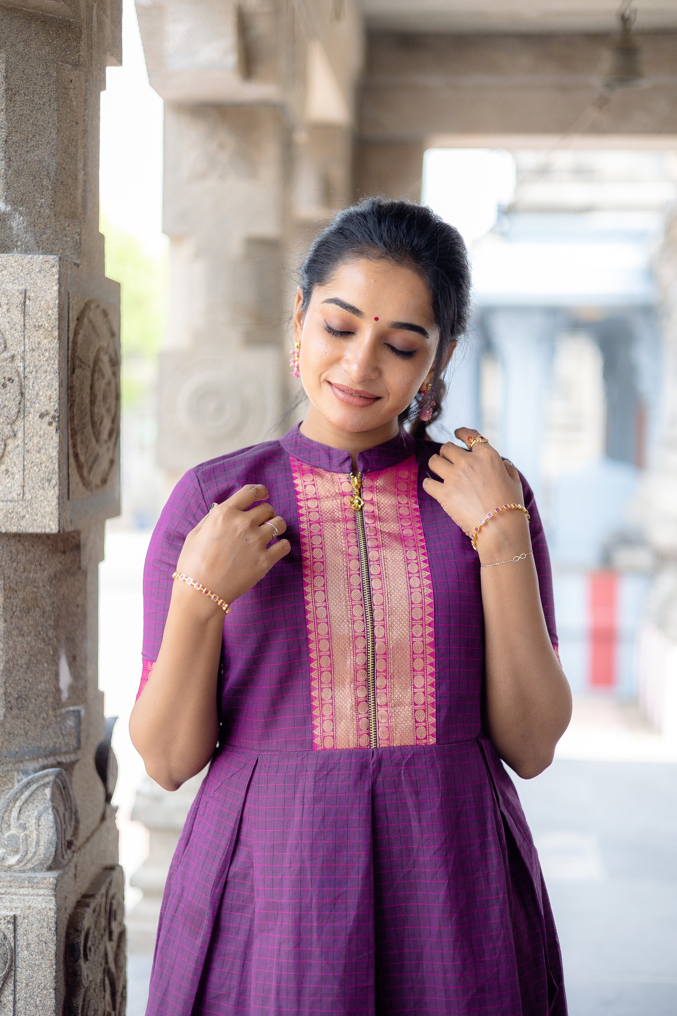 Shivani Magenta checks Dress With Pink Border - Chettinad Cotton Dress