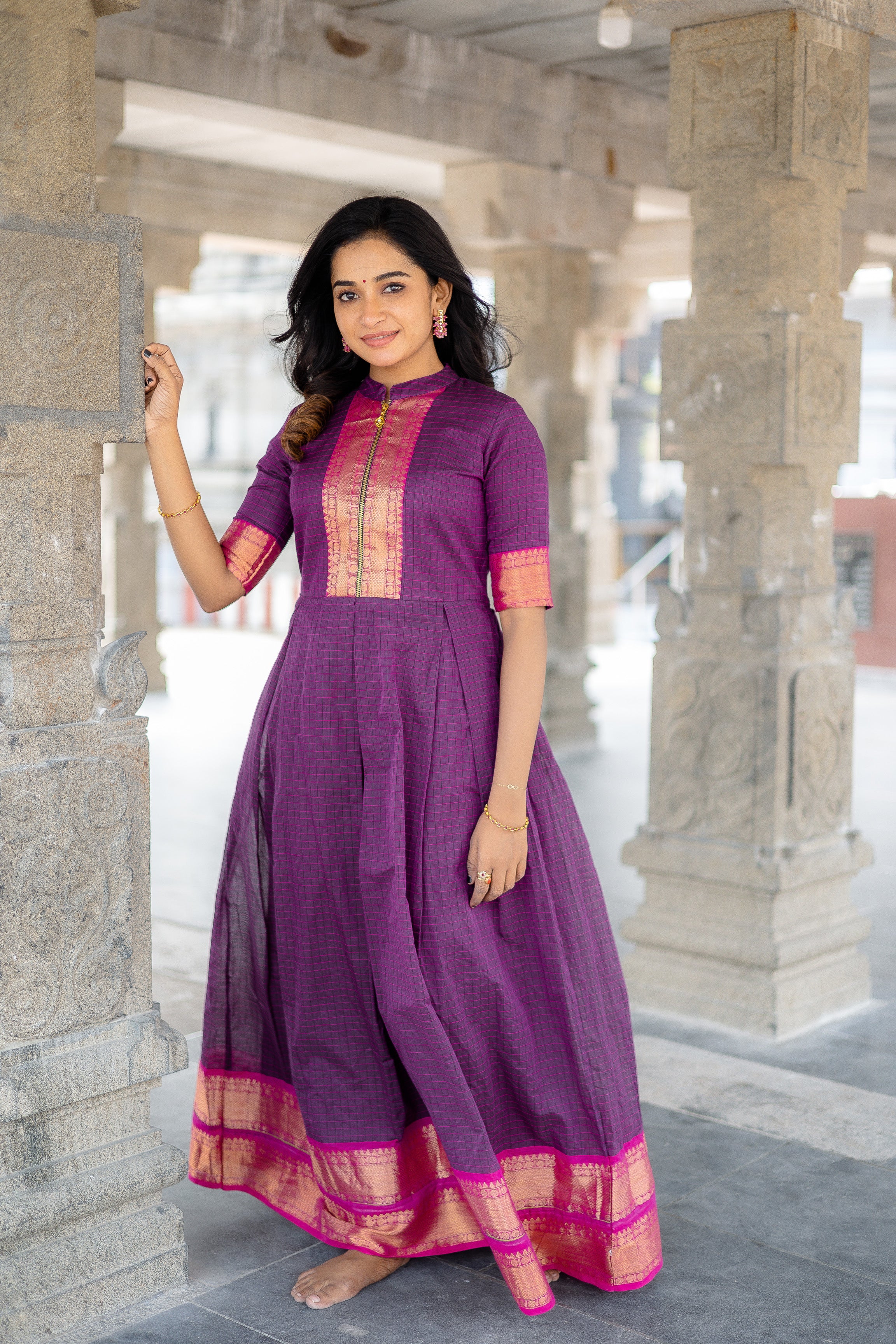 Shivani Magenta checks Dress With Pink Border - Chettinad Cotton Dress