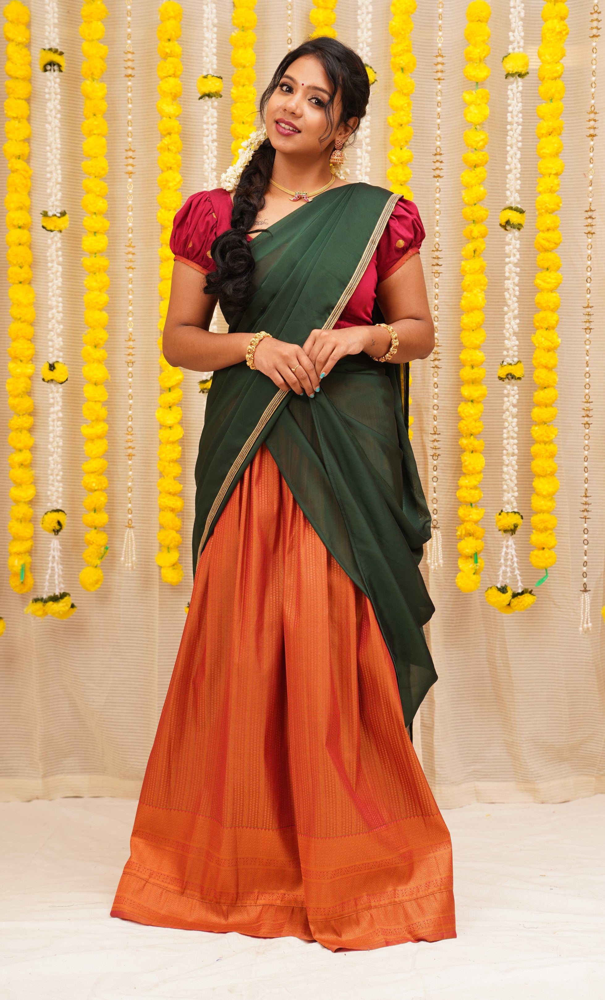 Nandini Rust and Green Half saree
