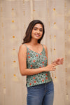 Sasha Teal floral Jaipur block printed cotton spaghetti top