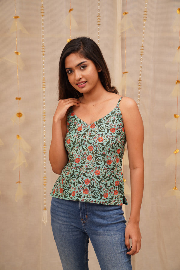Sasha Teal floral Jaipur block printed cotton spaghetti top