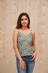 Sasha Teal floral Jaipur block printed cotton spaghetti top