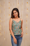 Sasha Teal floral Jaipur block printed cotton spaghetti top