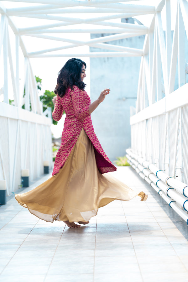 Tharika- Pink brocade top with shimmer skirt