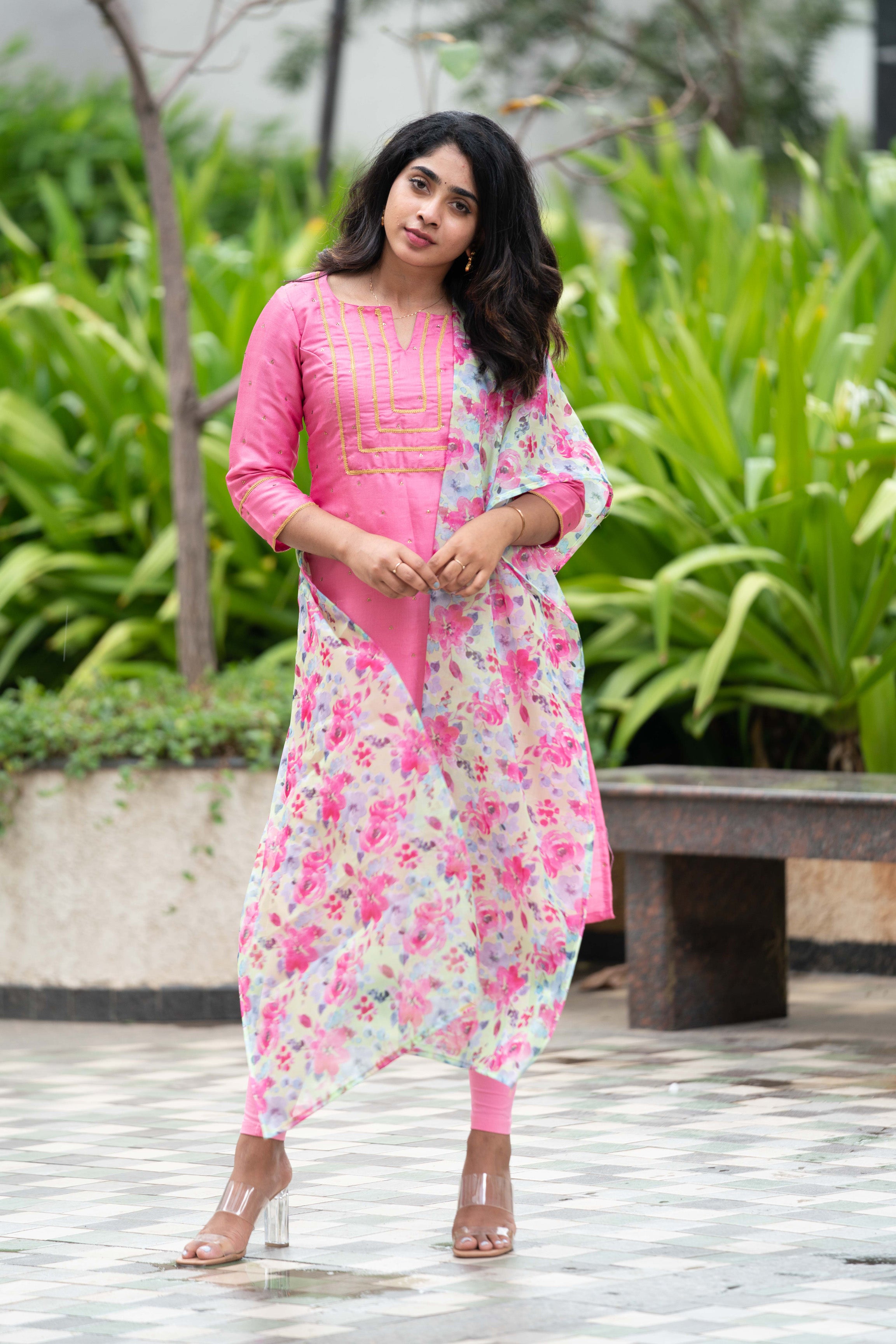 Niharika pink kurthi with floral dupatta