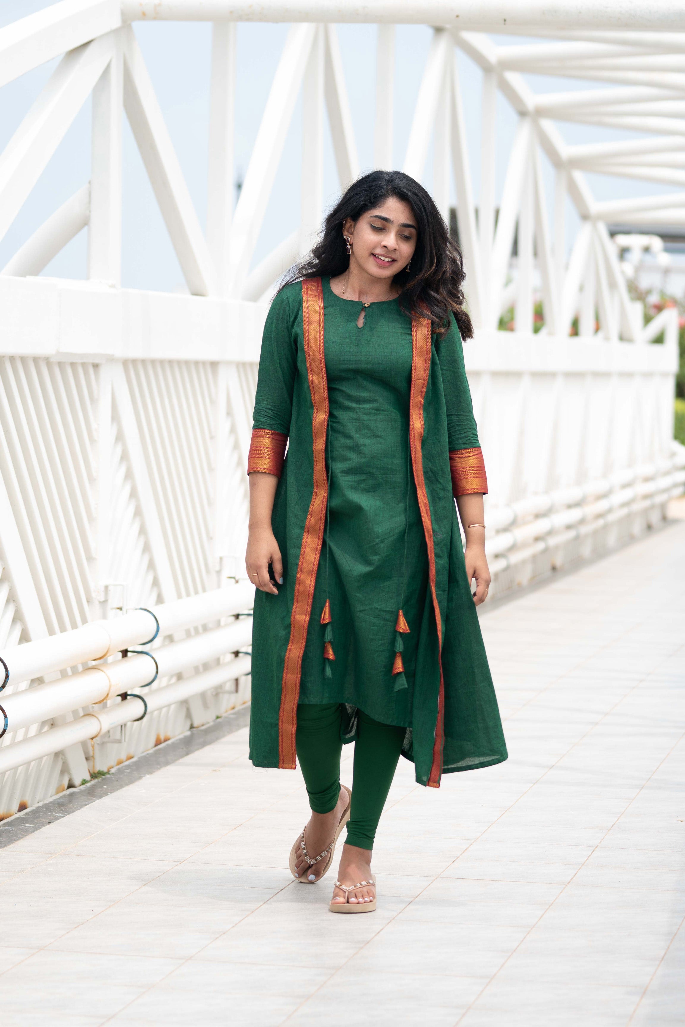 Olive Green Front Slit Pure Linen Embroidered Kurti