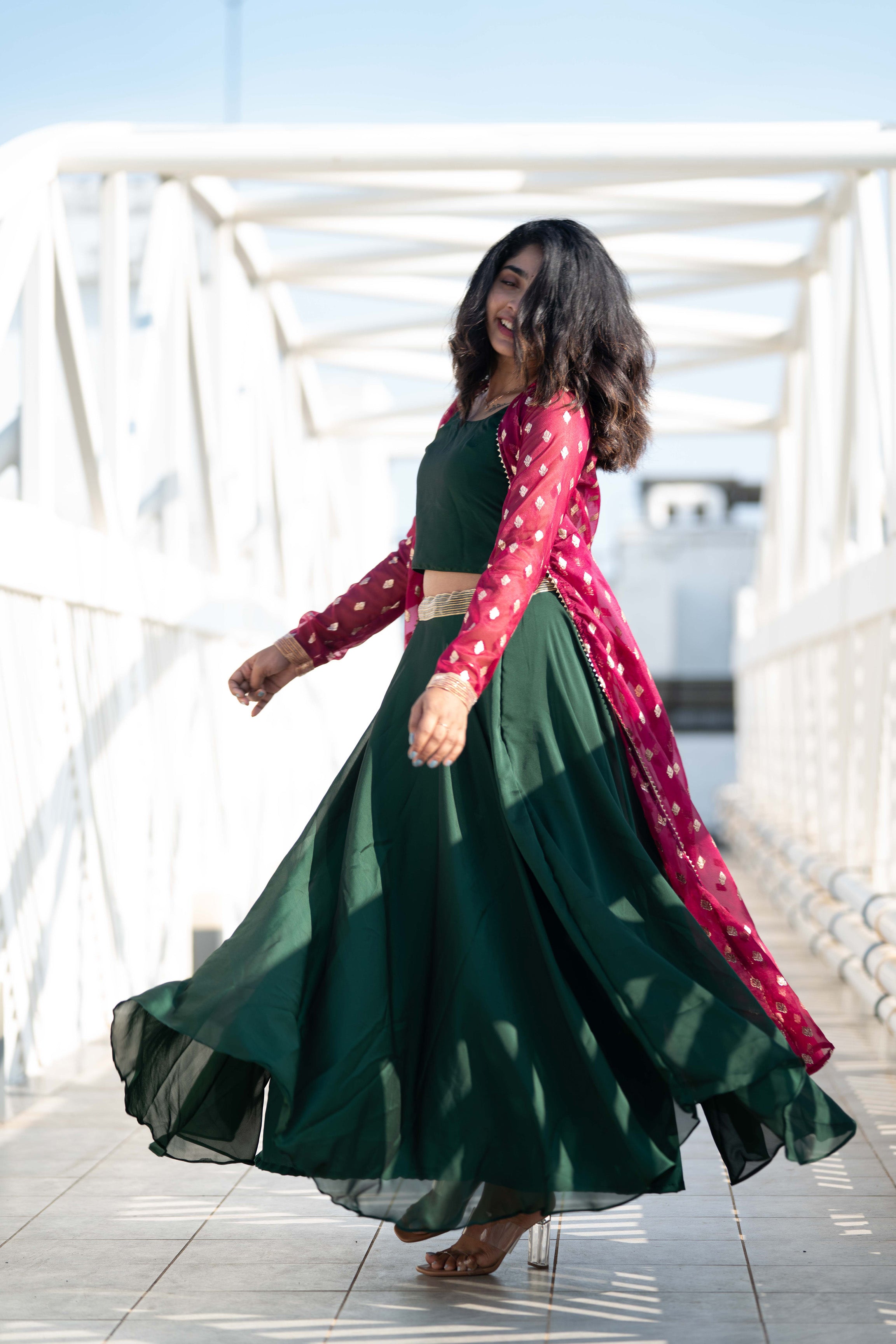 Aharika- Green with Magenta skirt and top with organza coat