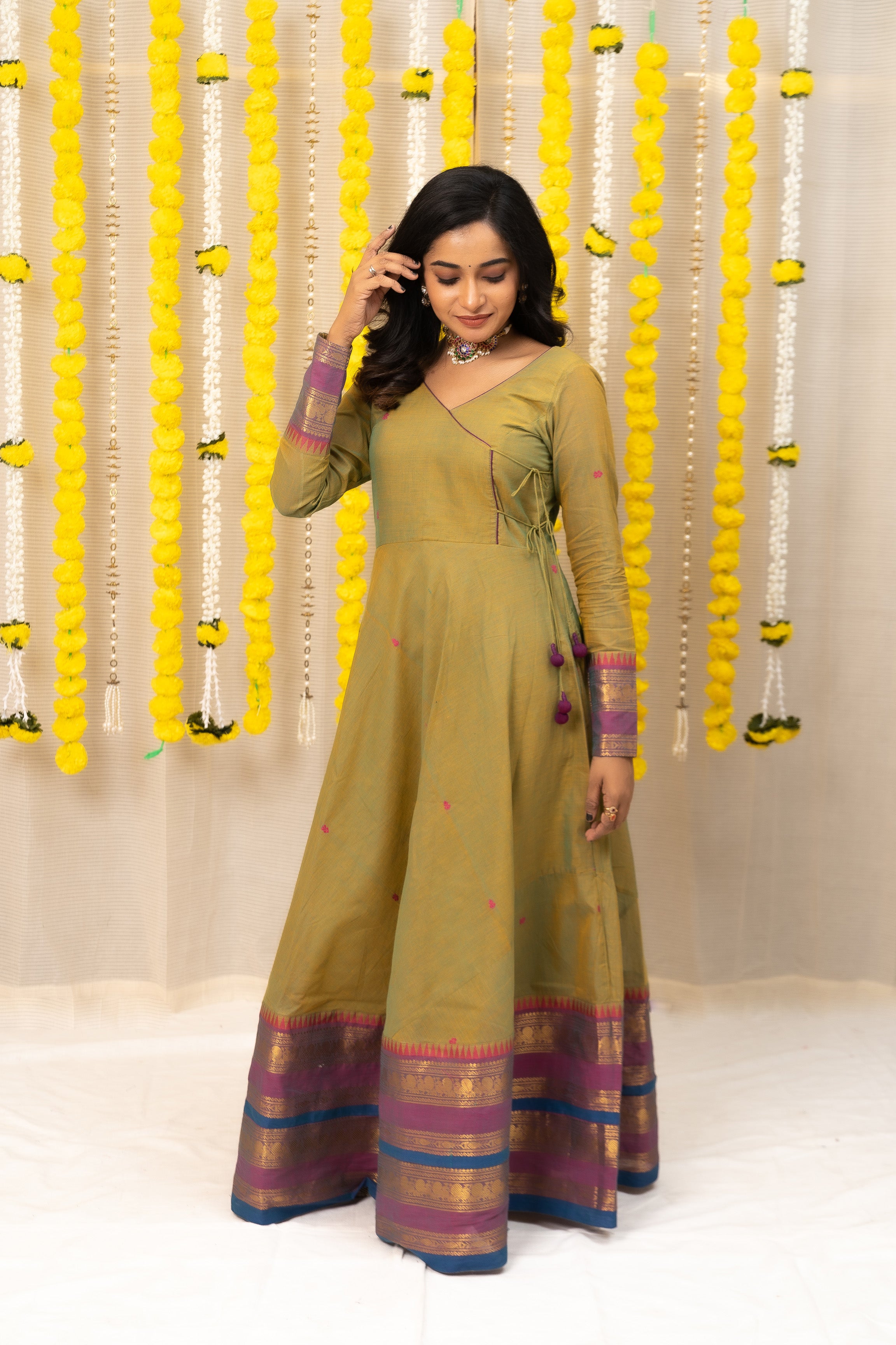 Veena Yellow Green With Magenta and Blue Border Chettinad Handloom Cotton Dress