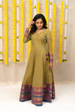 Veena Yellow Green With Magenta and Blue Border Chettinad Handloom Cotton Dress