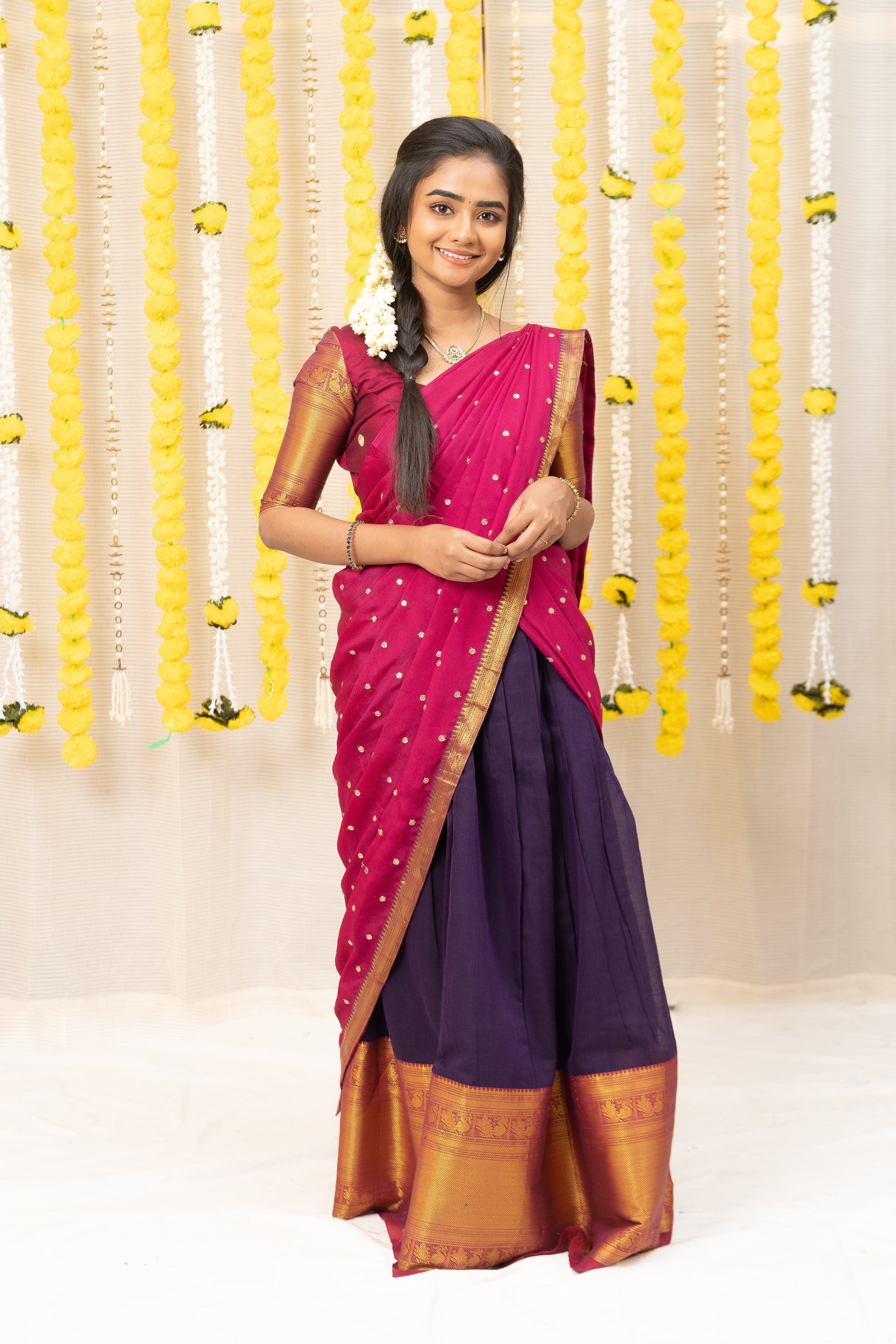 Dark violet Narayanapet skirt with magenta half saree