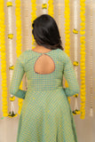 Veena Pista Green checks  With Blue Border Chettinad Handloom Cotton Dress