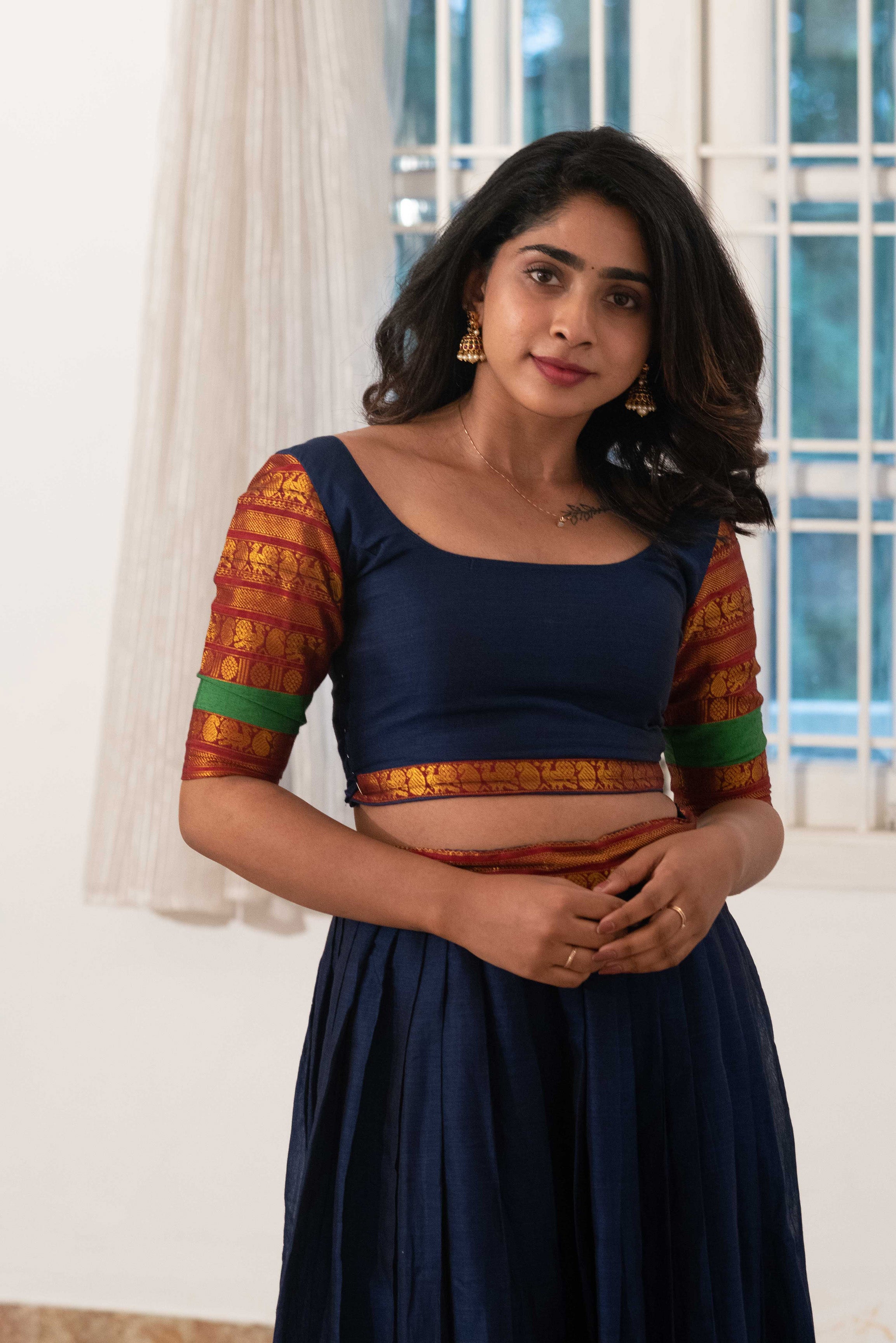 Byravi- Blue Fine Handloom croptop skirt with Kalamkari dupatta