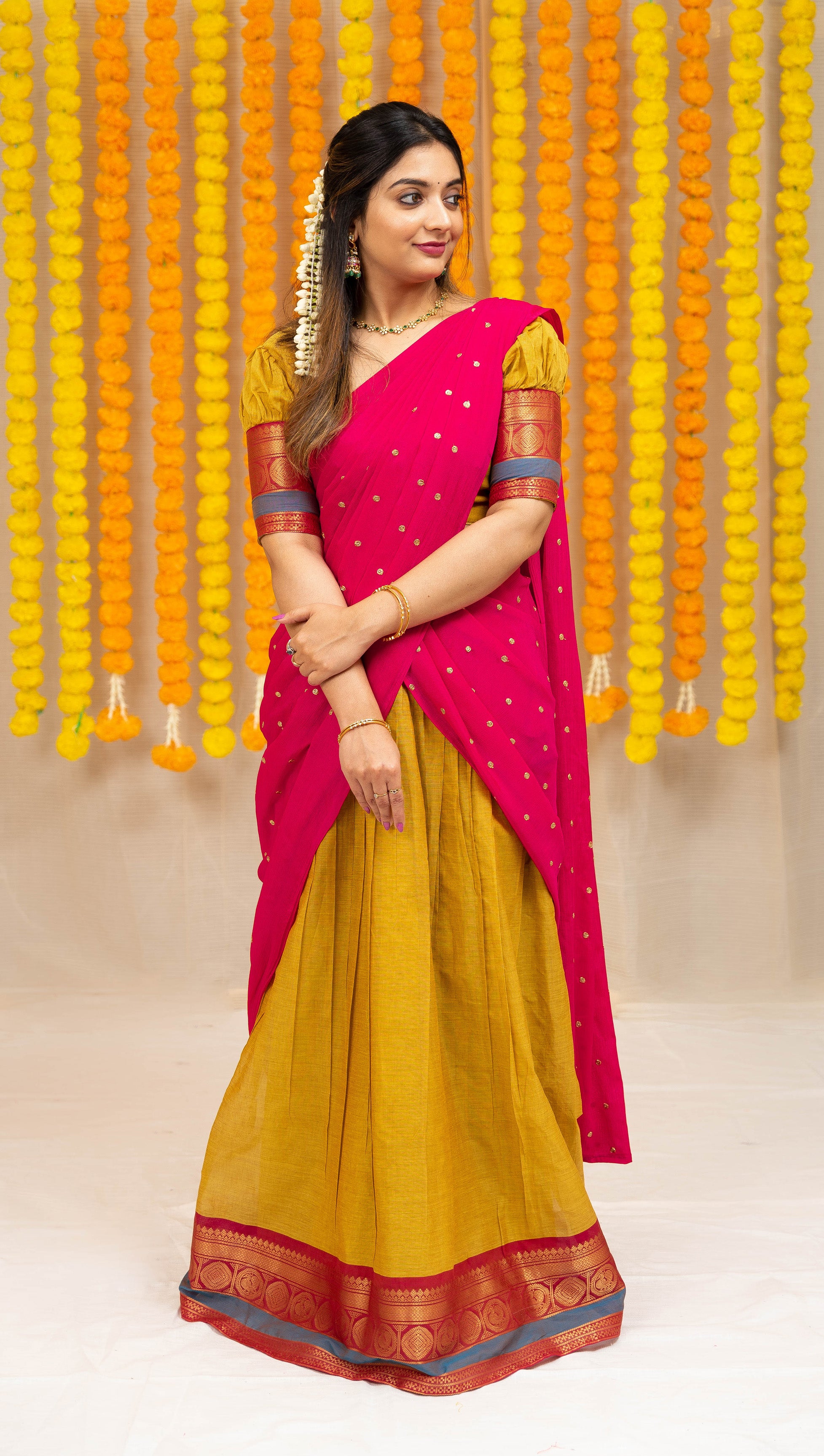 Maanasa - Yellow Skirt with pink Half saree