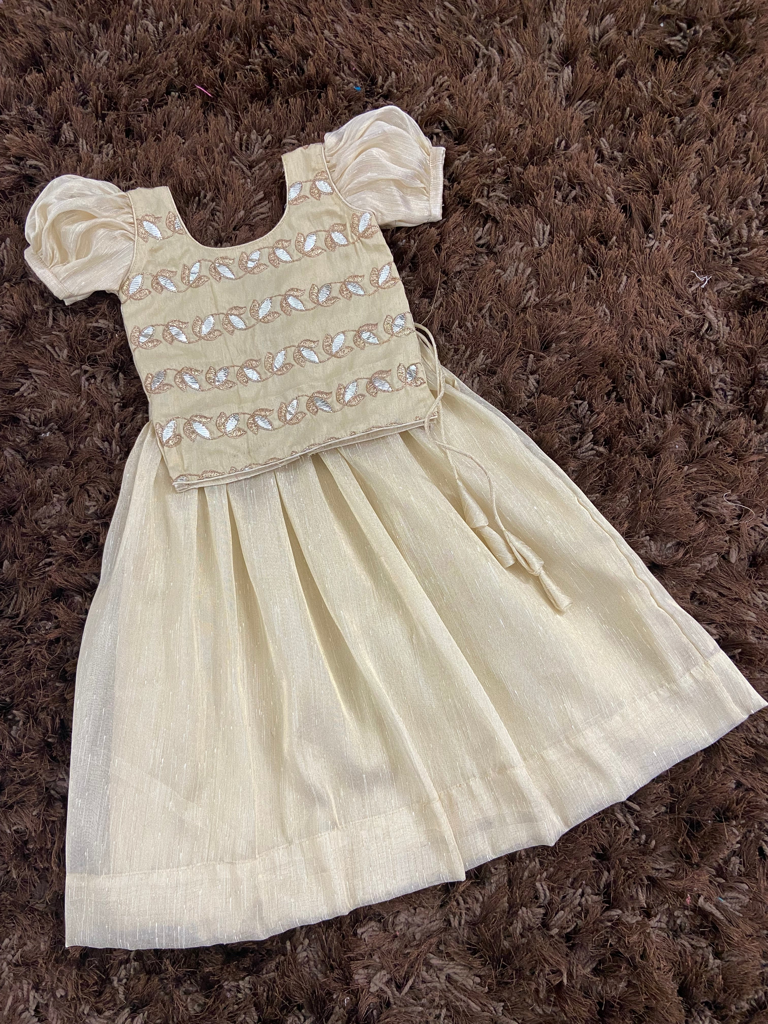 Kids mini cream brocade worked top with gold khadhi tissue skirt