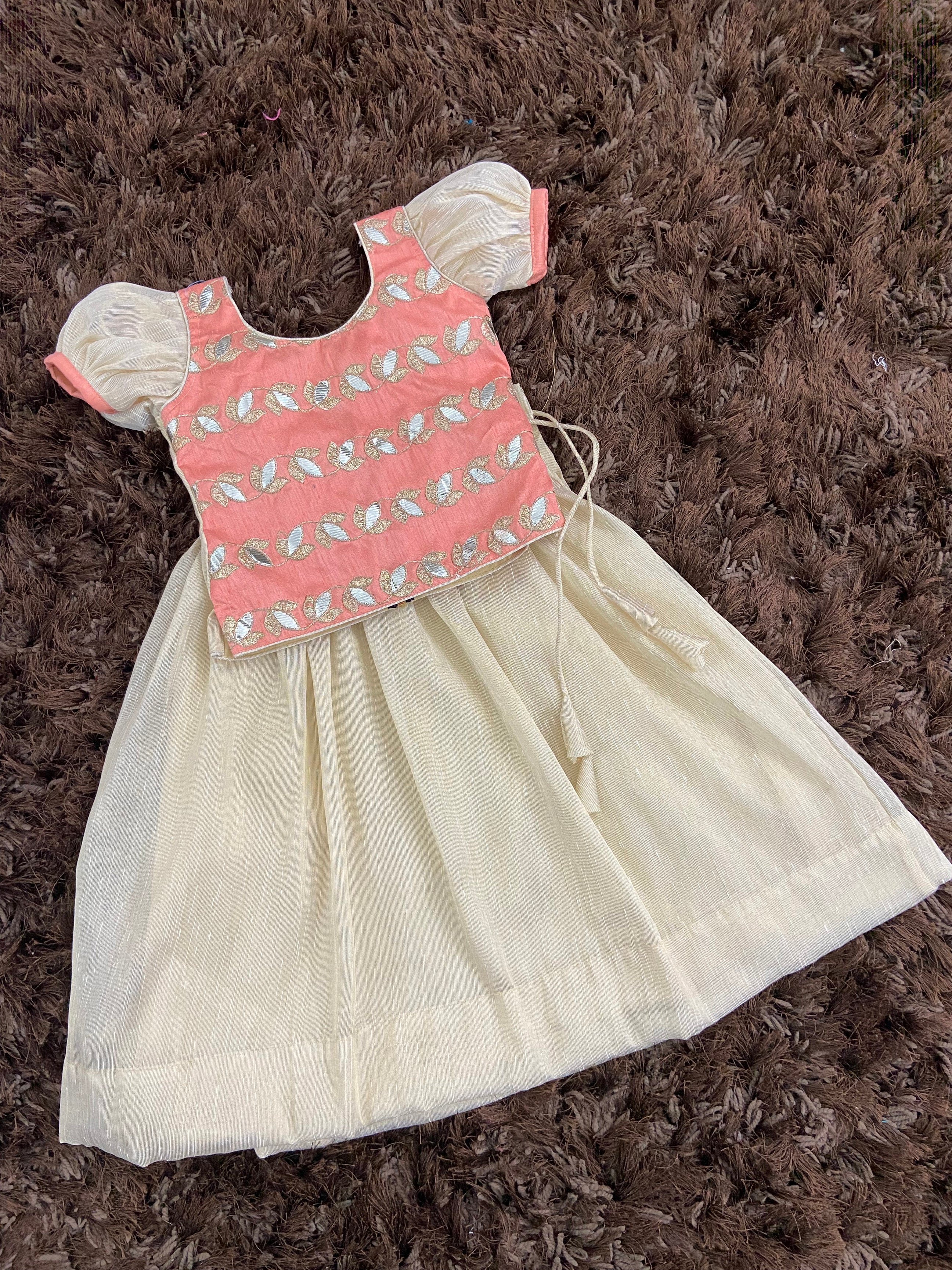 Kids mini peach brocade worked top with gold khadhi tissue skirt